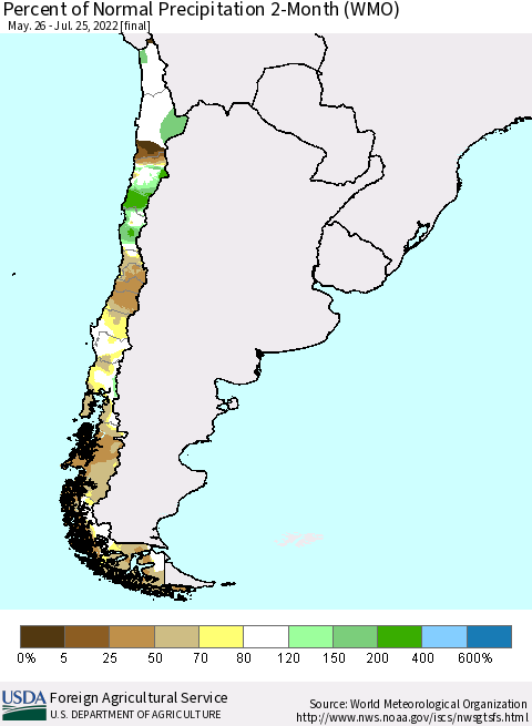 Chile Percent of Normal Precipitation 2-Month (WMO) Thematic Map For 5/26/2022 - 7/25/2022