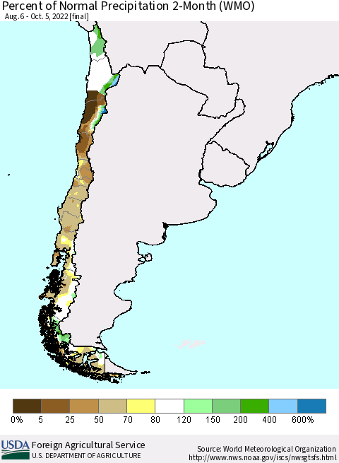 Chile Percent of Normal Precipitation 2-Month (WMO) Thematic Map For 8/6/2022 - 10/5/2022