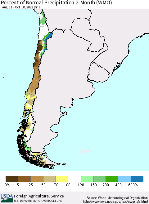 Chile Percent of Normal Precipitation 2-Month (WMO) Thematic Map For 8/11/2022 - 10/10/2022
