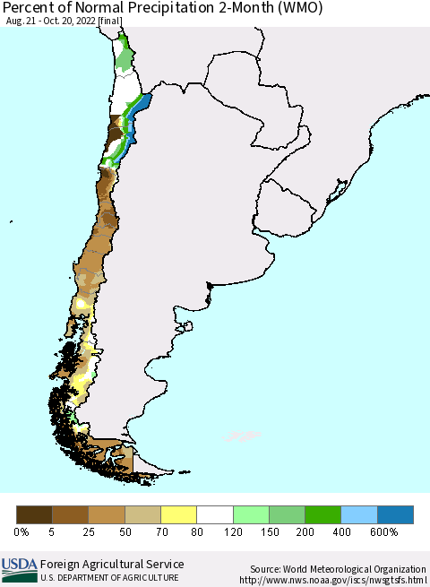 Chile Percent of Normal Precipitation 2-Month (WMO) Thematic Map For 8/21/2022 - 10/20/2022