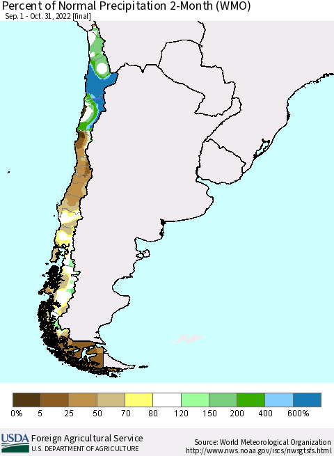 Chile Percent of Normal Precipitation 2-Month (WMO) Thematic Map For 9/1/2022 - 10/31/2022