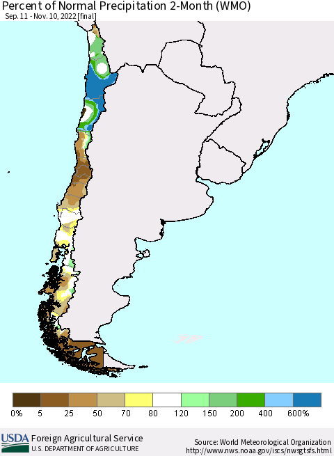 Chile Percent of Normal Precipitation 2-Month (WMO) Thematic Map For 9/11/2022 - 11/10/2022