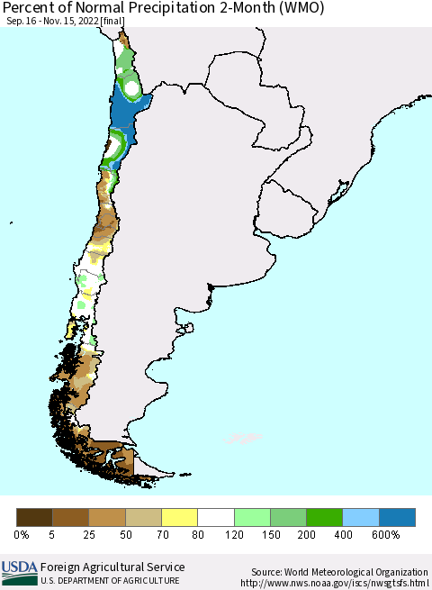 Chile Percent of Normal Precipitation 2-Month (WMO) Thematic Map For 9/16/2022 - 11/15/2022