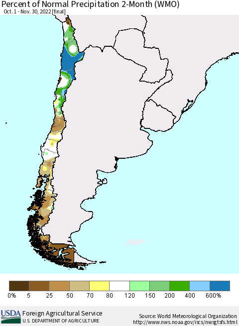 Chile Percent of Normal Precipitation 2-Month (WMO) Thematic Map For 10/1/2022 - 11/30/2022