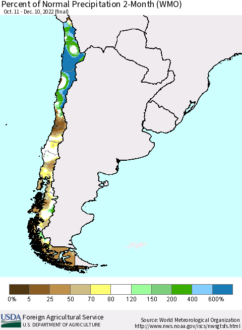 Chile Percent of Normal Precipitation 2-Month (WMO) Thematic Map For 10/11/2022 - 12/10/2022