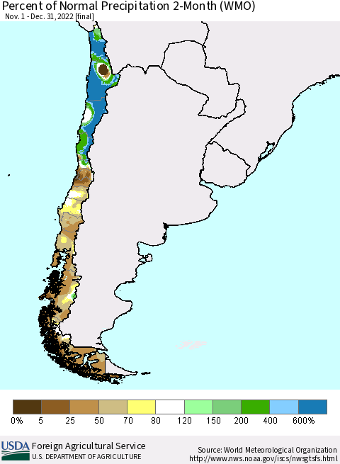Chile Percent of Normal Precipitation 2-Month (WMO) Thematic Map For 11/1/2022 - 12/31/2022