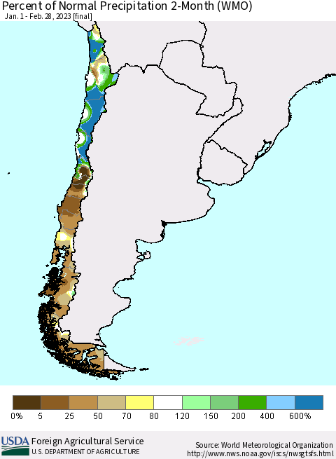Chile Percent of Normal Precipitation 2-Month (WMO) Thematic Map For 1/1/2023 - 2/28/2023
