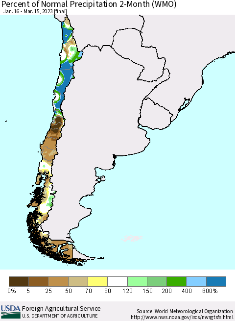 Chile Percent of Normal Precipitation 2-Month (WMO) Thematic Map For 1/16/2023 - 3/15/2023