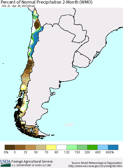 Chile Percent of Normal Precipitation 2-Month (WMO) Thematic Map For 2/21/2023 - 4/20/2023