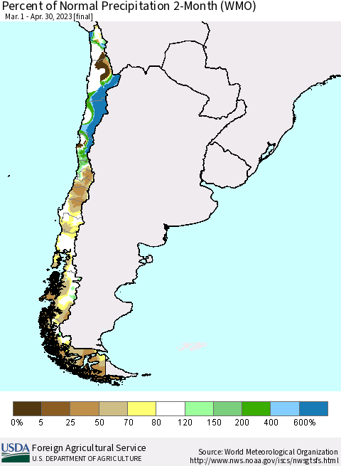 Chile Percent of Normal Precipitation 2-Month (WMO) Thematic Map For 3/1/2023 - 4/30/2023