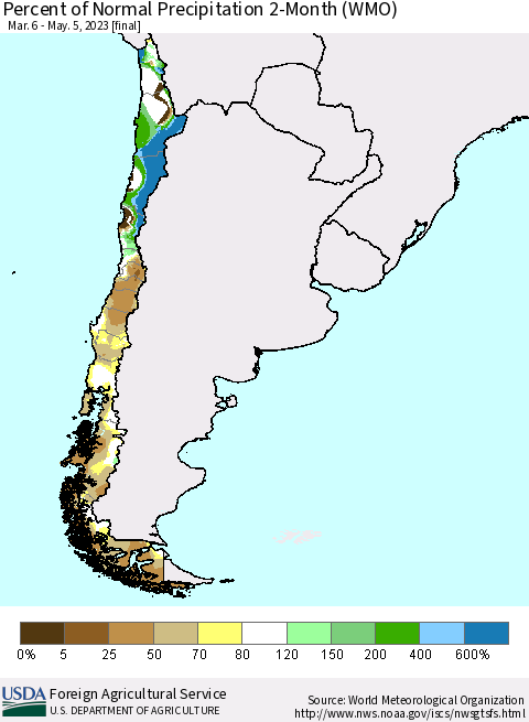 Chile Percent of Normal Precipitation 2-Month (WMO) Thematic Map For 3/6/2023 - 5/5/2023