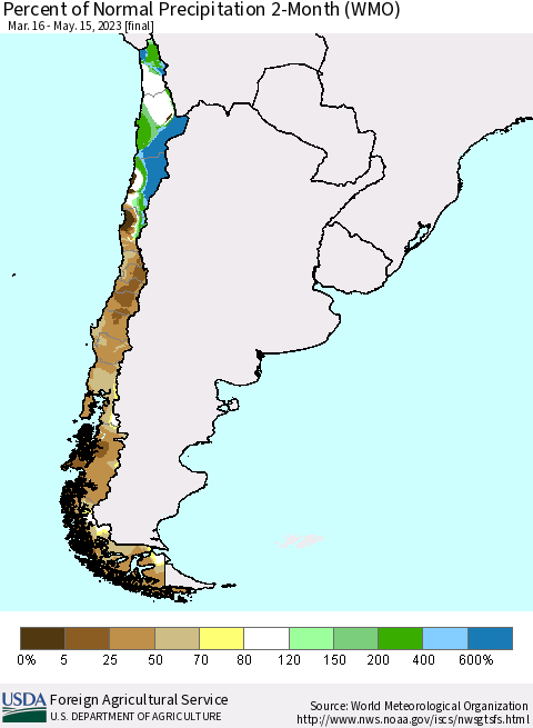 Chile Percent of Normal Precipitation 2-Month (WMO) Thematic Map For 3/16/2023 - 5/15/2023