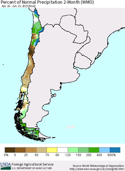 Chile Percent of Normal Precipitation 2-Month (WMO) Thematic Map For 4/16/2023 - 6/15/2023