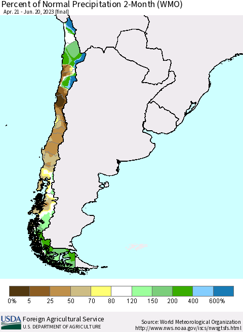 Chile Percent of Normal Precipitation 2-Month (WMO) Thematic Map For 4/21/2023 - 6/20/2023