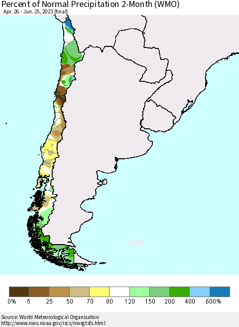 Chile Percent of Normal Precipitation 2-Month (WMO) Thematic Map For 4/26/2023 - 6/25/2023