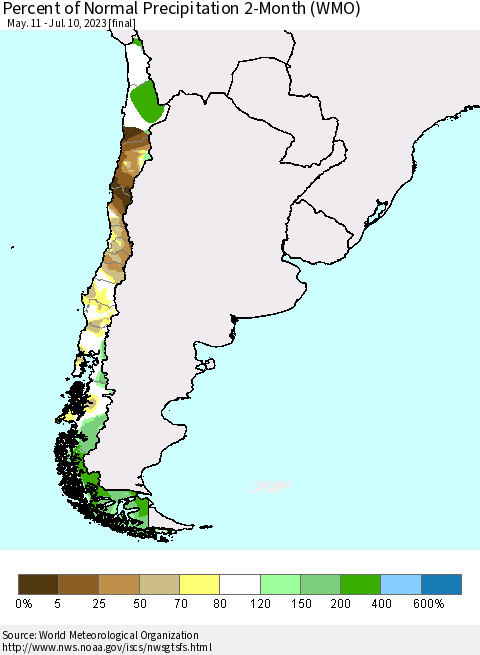 Chile Percent of Normal Precipitation 2-Month (WMO) Thematic Map For 5/11/2023 - 7/10/2023