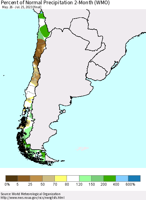 Chile Percent of Normal Precipitation 2-Month (WMO) Thematic Map For 5/26/2023 - 7/25/2023