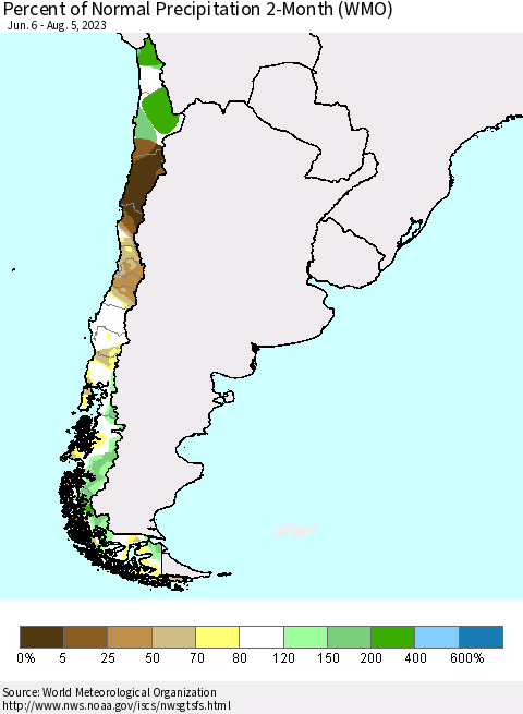 Chile Percent of Normal Precipitation 2-Month (WMO) Thematic Map For 6/6/2023 - 8/5/2023