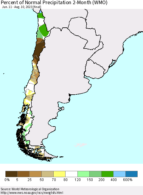 Chile Percent of Normal Precipitation 2-Month (WMO) Thematic Map For 6/11/2023 - 8/10/2023