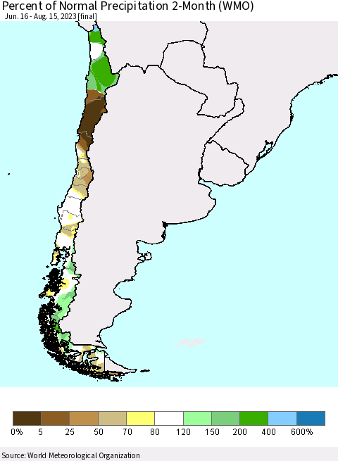 Chile Percent of Normal Precipitation 2-Month (WMO) Thematic Map For 6/16/2023 - 8/15/2023