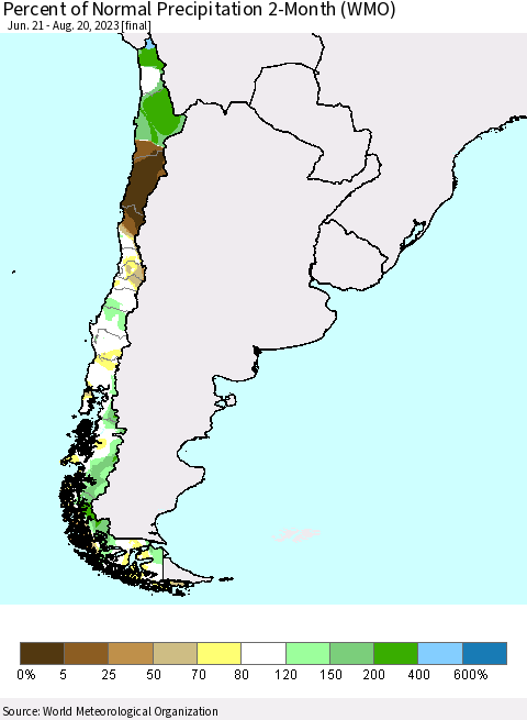 Chile Percent of Normal Precipitation 2-Month (WMO) Thematic Map For 6/21/2023 - 8/20/2023