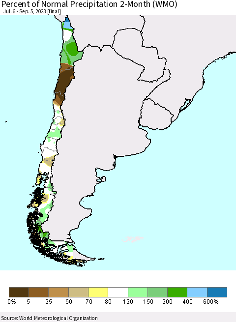 Chile Percent of Normal Precipitation 2-Month (WMO) Thematic Map For 7/6/2023 - 9/5/2023