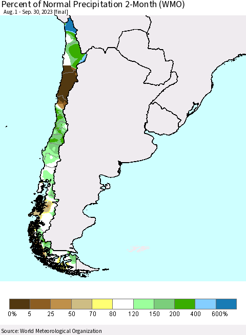 Chile Percent of Normal Precipitation 2-Month (WMO) Thematic Map For 8/1/2023 - 9/30/2023