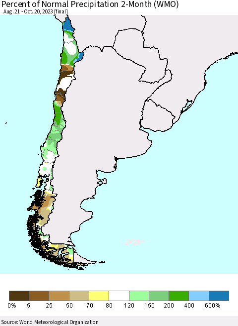 Chile Percent of Normal Precipitation 2-Month (WMO) Thematic Map For 8/21/2023 - 10/20/2023