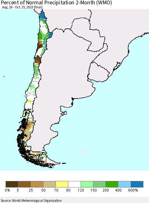 Chile Percent of Normal Precipitation 2-Month (WMO) Thematic Map For 8/26/2023 - 10/25/2023