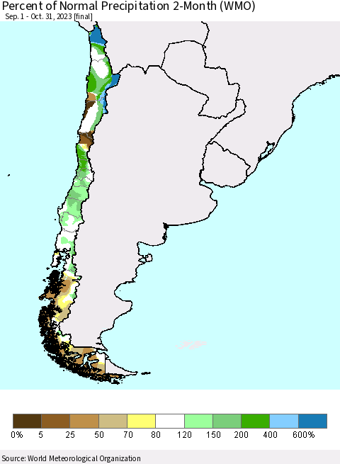 Chile Percent of Normal Precipitation 2-Month (WMO) Thematic Map For 9/1/2023 - 10/31/2023