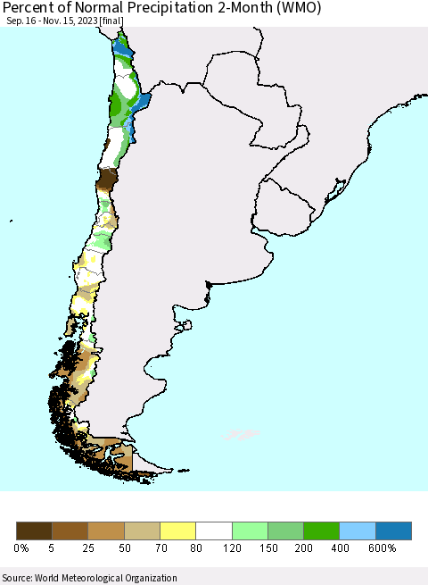 Chile Percent of Normal Precipitation 2-Month (WMO) Thematic Map For 9/16/2023 - 11/15/2023