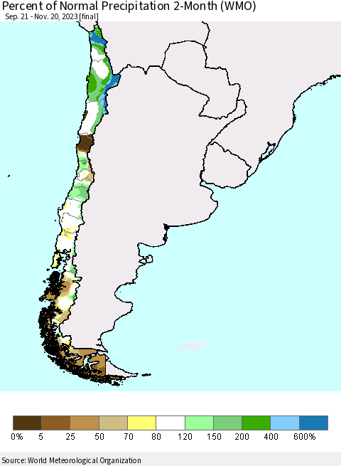 Chile Percent of Normal Precipitation 2-Month (WMO) Thematic Map For 9/21/2023 - 11/20/2023