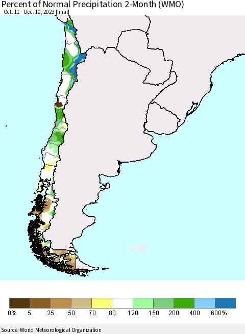 Chile Percent of Normal Precipitation 2-Month (WMO) Thematic Map For 10/11/2023 - 12/10/2023