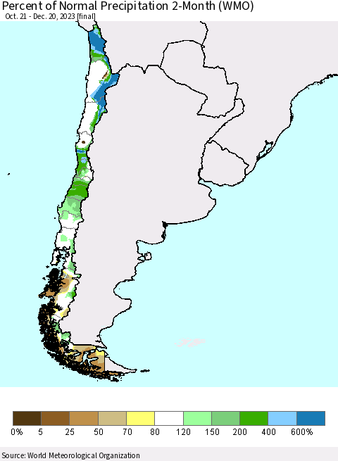 Chile Percent of Normal Precipitation 2-Month (WMO) Thematic Map For 10/21/2023 - 12/20/2023