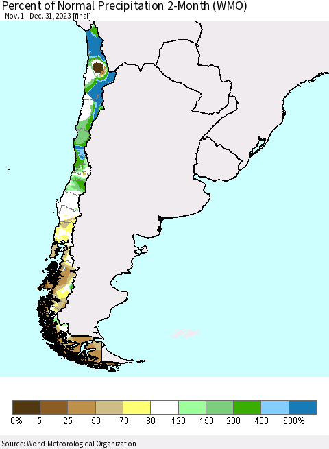 Chile Percent of Normal Precipitation 2-Month (WMO) Thematic Map For 11/1/2023 - 12/31/2023