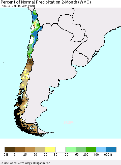 Chile Percent of Normal Precipitation 2-Month (WMO) Thematic Map For 11/16/2023 - 1/15/2024