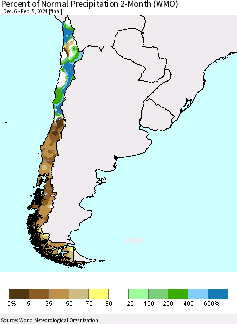 Chile Percent of Normal Precipitation 2-Month (WMO) Thematic Map For 12/6/2023 - 2/5/2024