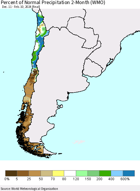 Chile Percent of Normal Precipitation 2-Month (WMO) Thematic Map For 12/11/2023 - 2/10/2024