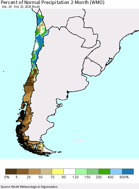Chile Percent of Normal Precipitation 2-Month (WMO) Thematic Map For 12/26/2023 - 2/25/2024