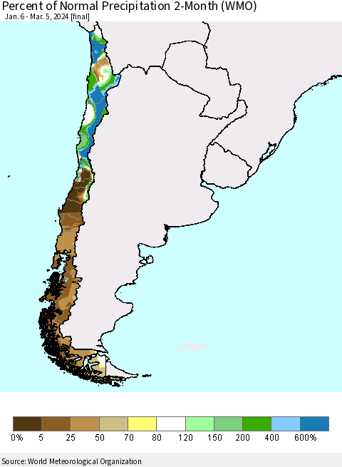 Chile Percent of Normal Precipitation 2-Month (WMO) Thematic Map For 1/6/2024 - 3/5/2024
