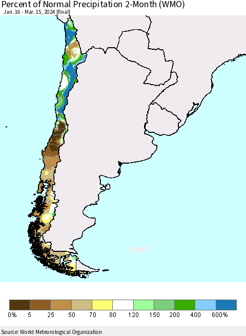 Chile Percent of Normal Precipitation 2-Month (WMO) Thematic Map For 1/16/2024 - 3/15/2024