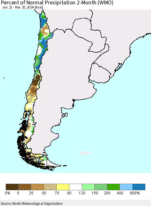 Chile Percent of Normal Precipitation 2-Month (WMO) Thematic Map For 1/21/2024 - 3/20/2024