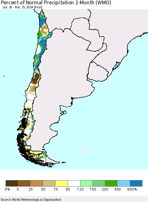 Chile Percent of Normal Precipitation 2-Month (WMO) Thematic Map For 1/26/2024 - 3/25/2024