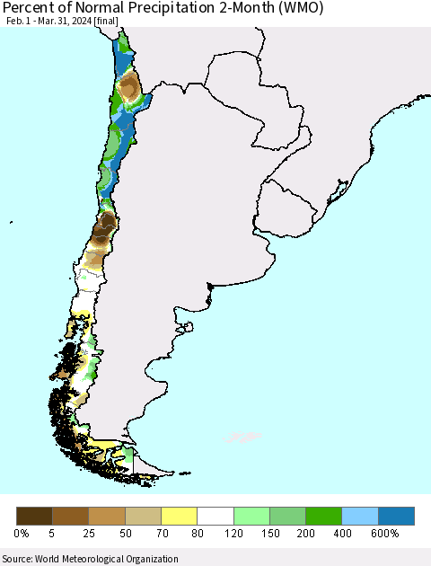 Chile Percent of Normal Precipitation 2-Month (WMO) Thematic Map For 2/1/2024 - 3/31/2024