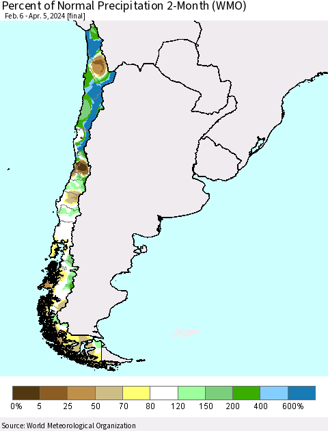 Chile Percent of Normal Precipitation 2-Month (WMO) Thematic Map For 2/6/2024 - 4/5/2024