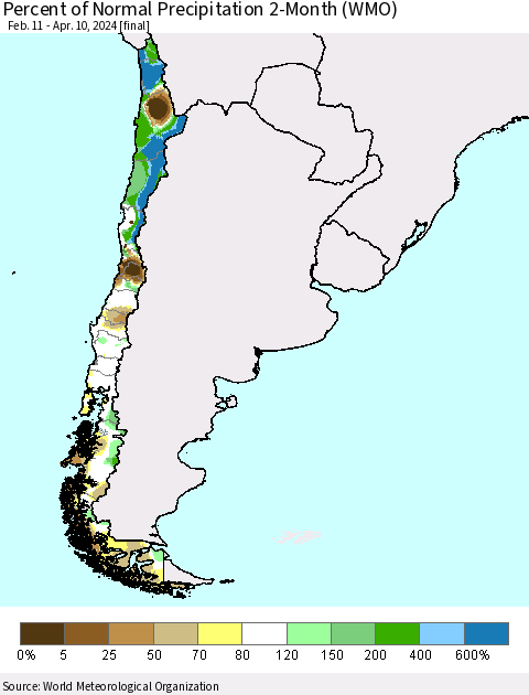 Chile Percent of Normal Precipitation 2-Month (WMO) Thematic Map For 2/11/2024 - 4/10/2024