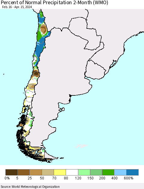 Chile Percent of Normal Precipitation 2-Month (WMO) Thematic Map For 2/16/2024 - 4/15/2024