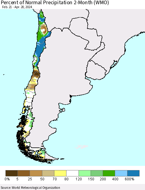 Chile Percent of Normal Precipitation 2-Month (WMO) Thematic Map For 2/21/2024 - 4/20/2024
