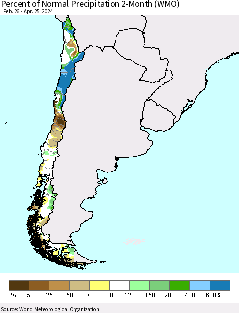 Chile Percent of Normal Precipitation 2-Month (WMO) Thematic Map For 2/26/2024 - 4/25/2024