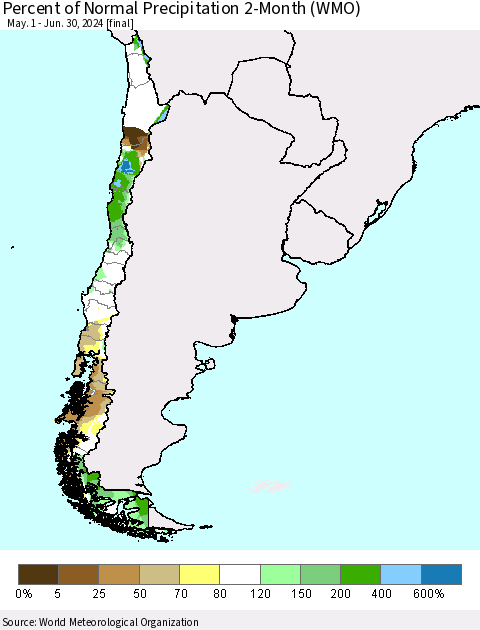 Chile Percent of Normal Precipitation 2-Month (WMO) Thematic Map For 5/1/2024 - 6/30/2024